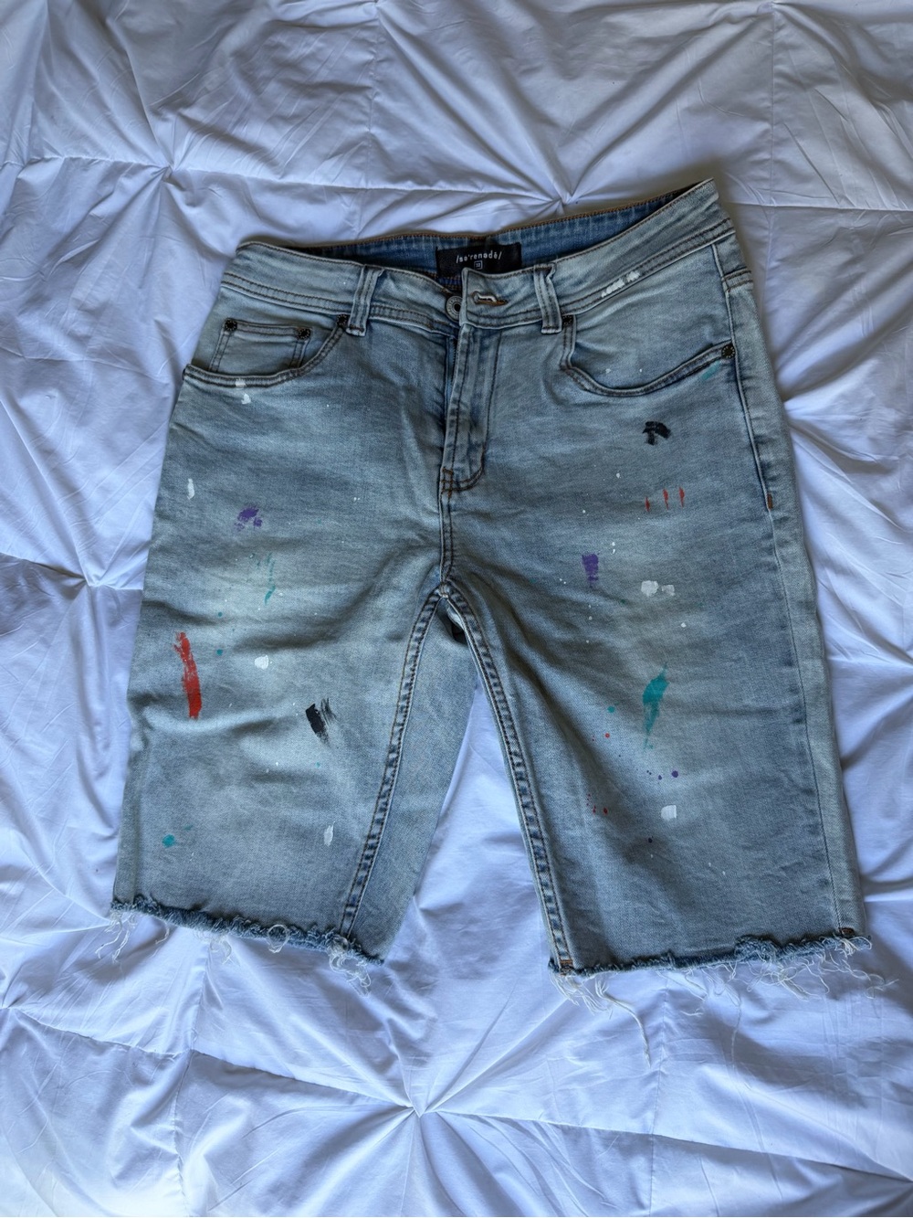 Paint-Splatter Light Blue Denim Jean Shorts